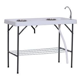Outsunny Folding Fish Cleaning Table with Sink, Portable Camping Table with Faucet Drainage Hose, Grid Rack and Fish Cleaning Kit for Picnic, Fis (Color: as Pic)