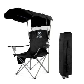 Oversized Camping Chair with Canopy Heavy Duty Folding Outdoor Chair with Armrest Cup Holder and Carry Bag Portable Camp Chair for Beach Fishing (Color: Black)